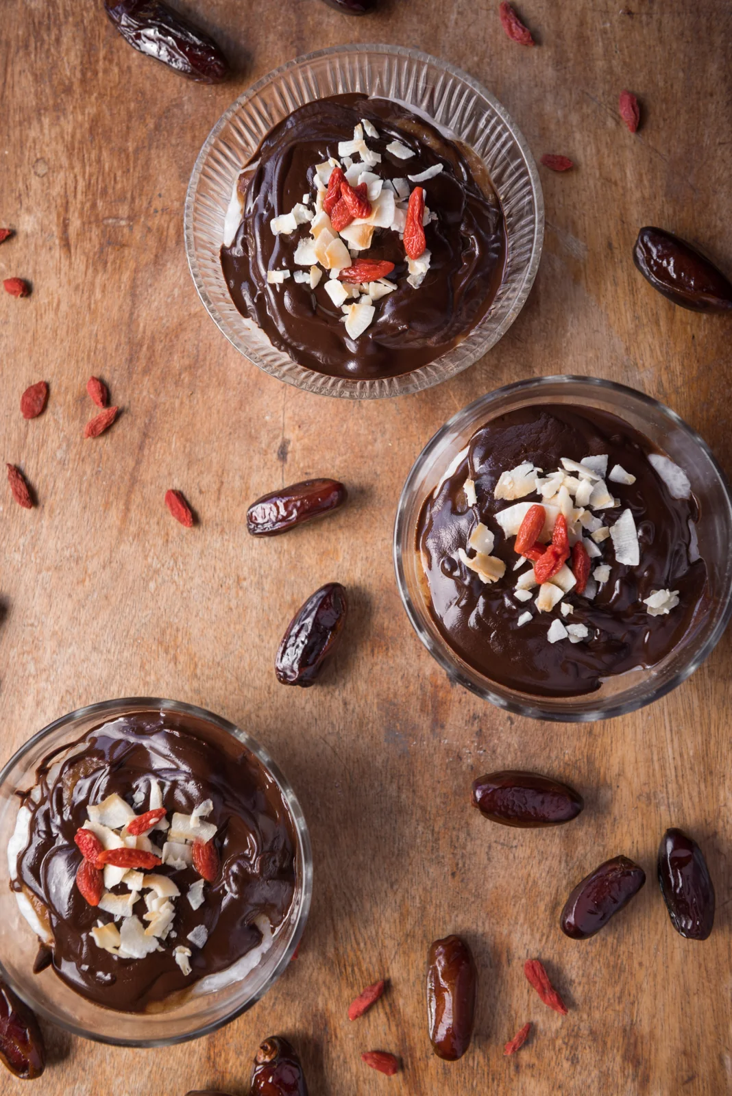 Three chocolate desserts photographed from above.