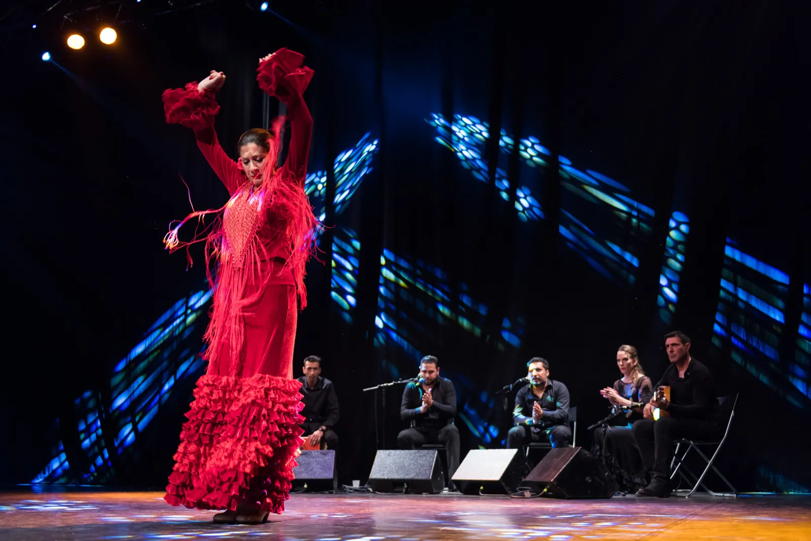 Flamenco performance with musicians seated behind the dancer.